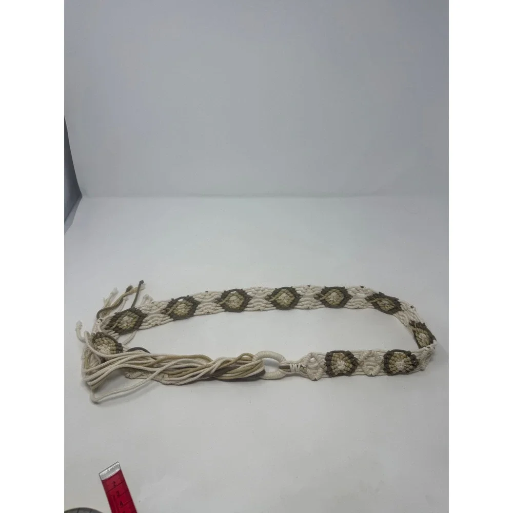 Vintage Boho Macrame Woven Floral Belt Cream Tan Olive Green Tassel Fringe 51in